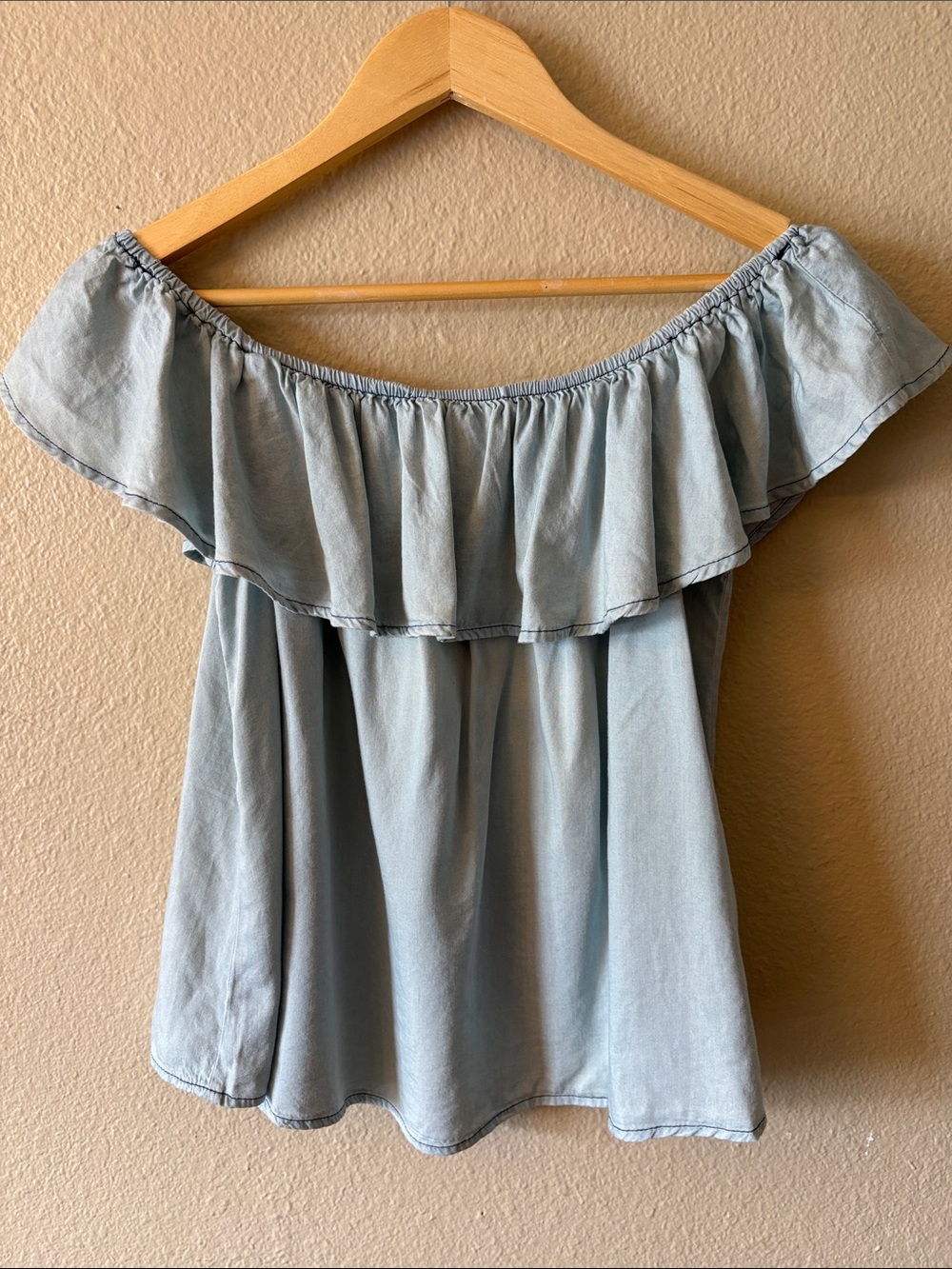 Womens Light Blue Off Shoulder Ruffle Blouse Small Flowy Summer Top